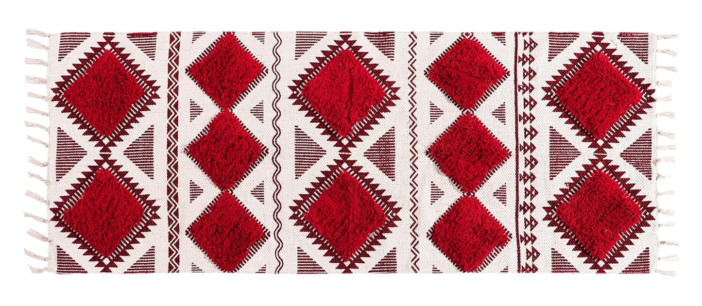 Modern Hand Woven Tufted Cotton Rug Runner 2x5 ft (Red & White) | Designer Area Carpet for Bedroom, Living Room