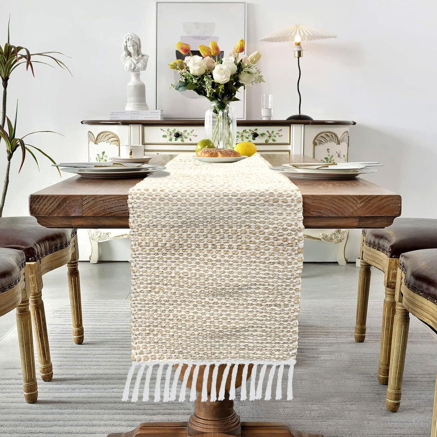 Elegant Beige White Woven Table Runner with Tassels, Cotton Jute 13x74 Inch | Dining Table Decor, Home Kitchen