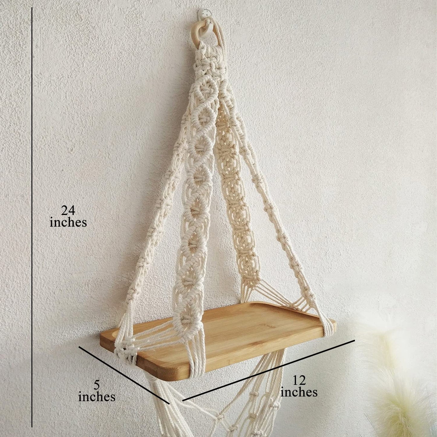 Floating Wall Shelf – Hand-Knotted Cotton & Wood – 12x5in Plank