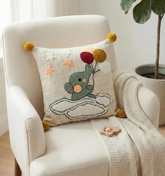 Embroidered Boho Elephant Cushion Cover – Tufted Punch Needle – Durable Fabric – 16x16 in (Single)
