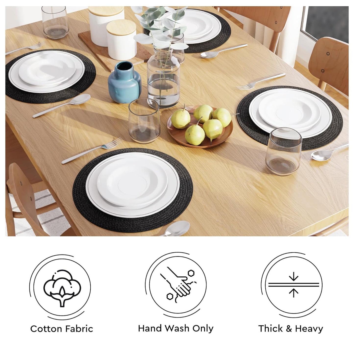 Handmade Ribbed Cotton Round Table Mats Set of 4 | Heat-Resistant, Washable Dining Placemats, 32cm Black