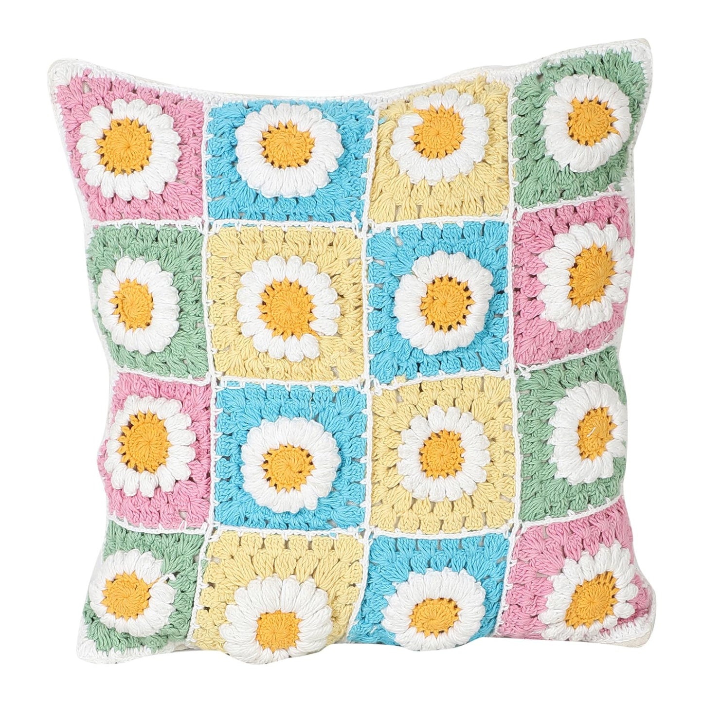 Hand-Crocheted Boho Floral Cushion Cover - Premium Cotton – 16x16 in