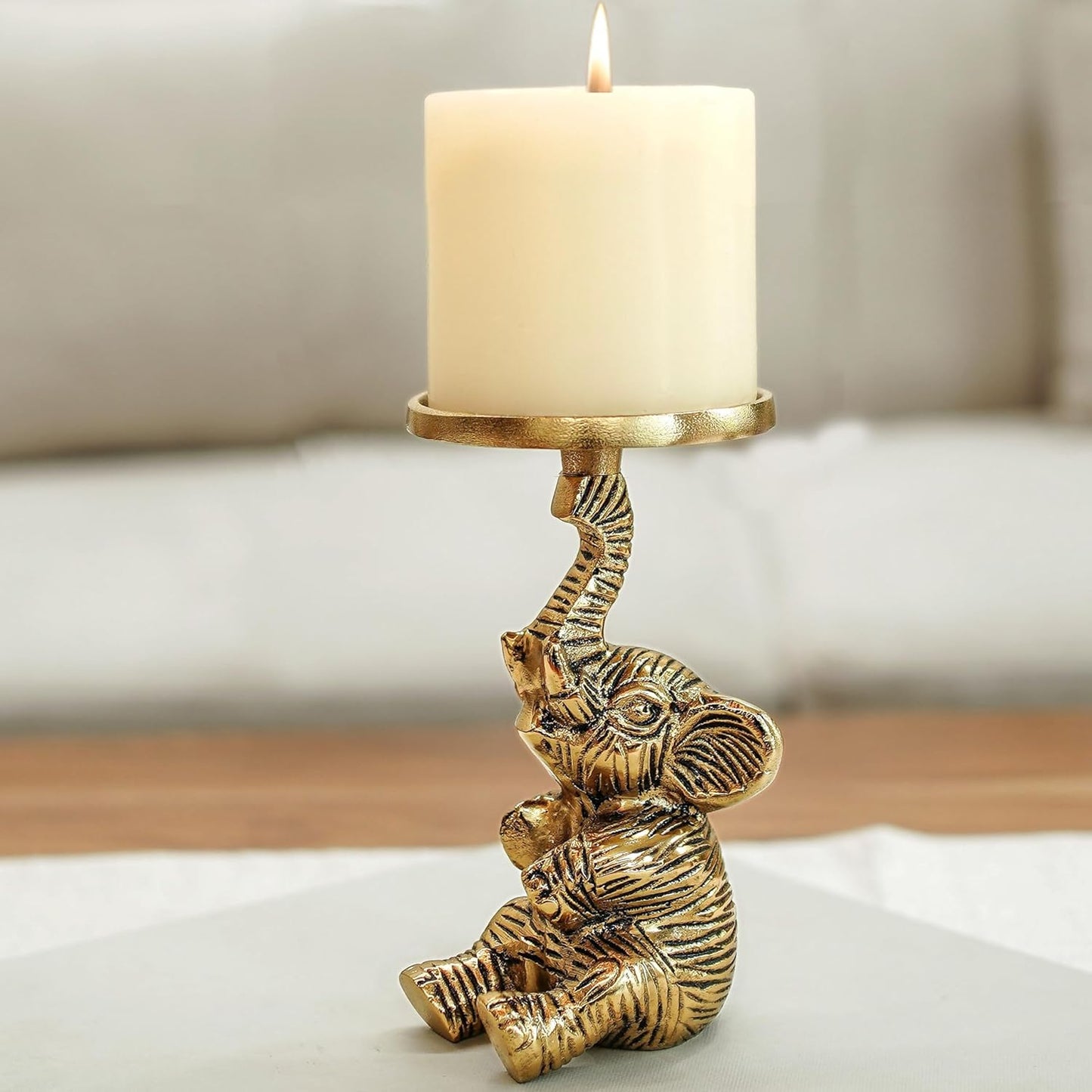 Artistic Gold Elephant Pillar Candle Holder Statue 8x8x15cm | Home Decor, Tabletop Showpiece, Wedding Gift