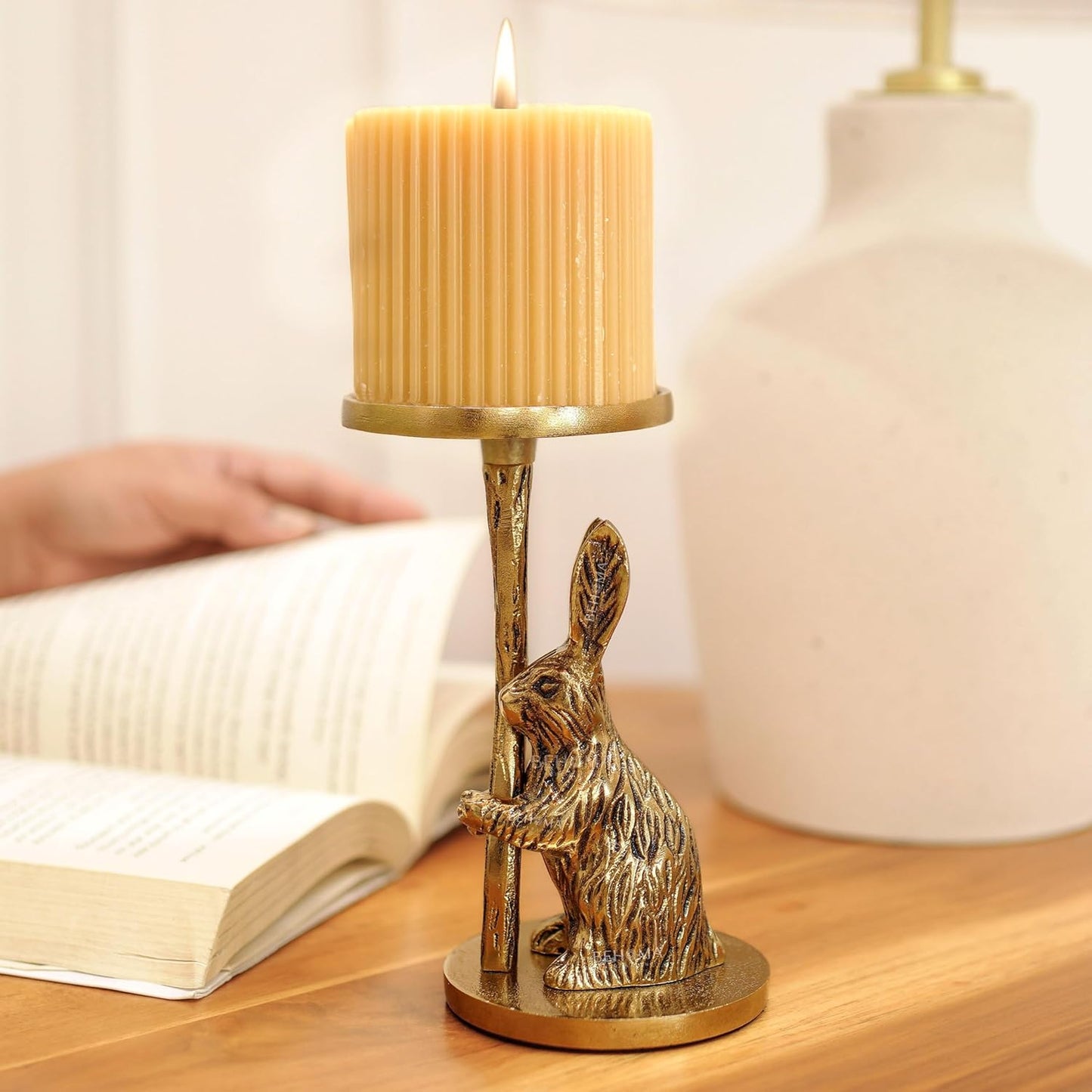 Artistic Gold Aluminium Rabbit Pillar Candle Holder Statue Tabletop | Home Decor, Christmas, Wedding Gift