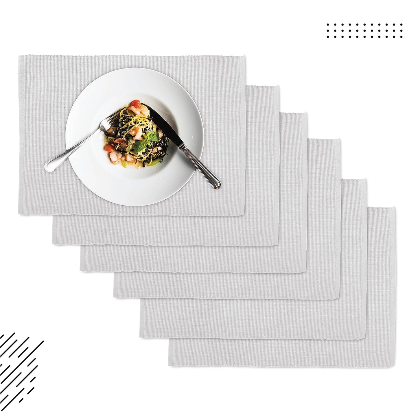 Handmade Light Grey Ribbed Cotton Dining Table Mats Set of 6, 48x32 cm | Heat-Resistant, Washable Placemats