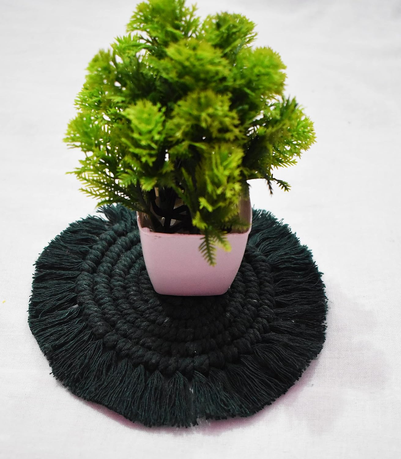 Dark Green Macrame Handwoven Cotton Coaster Set – 6" Diameter, 2-Pack