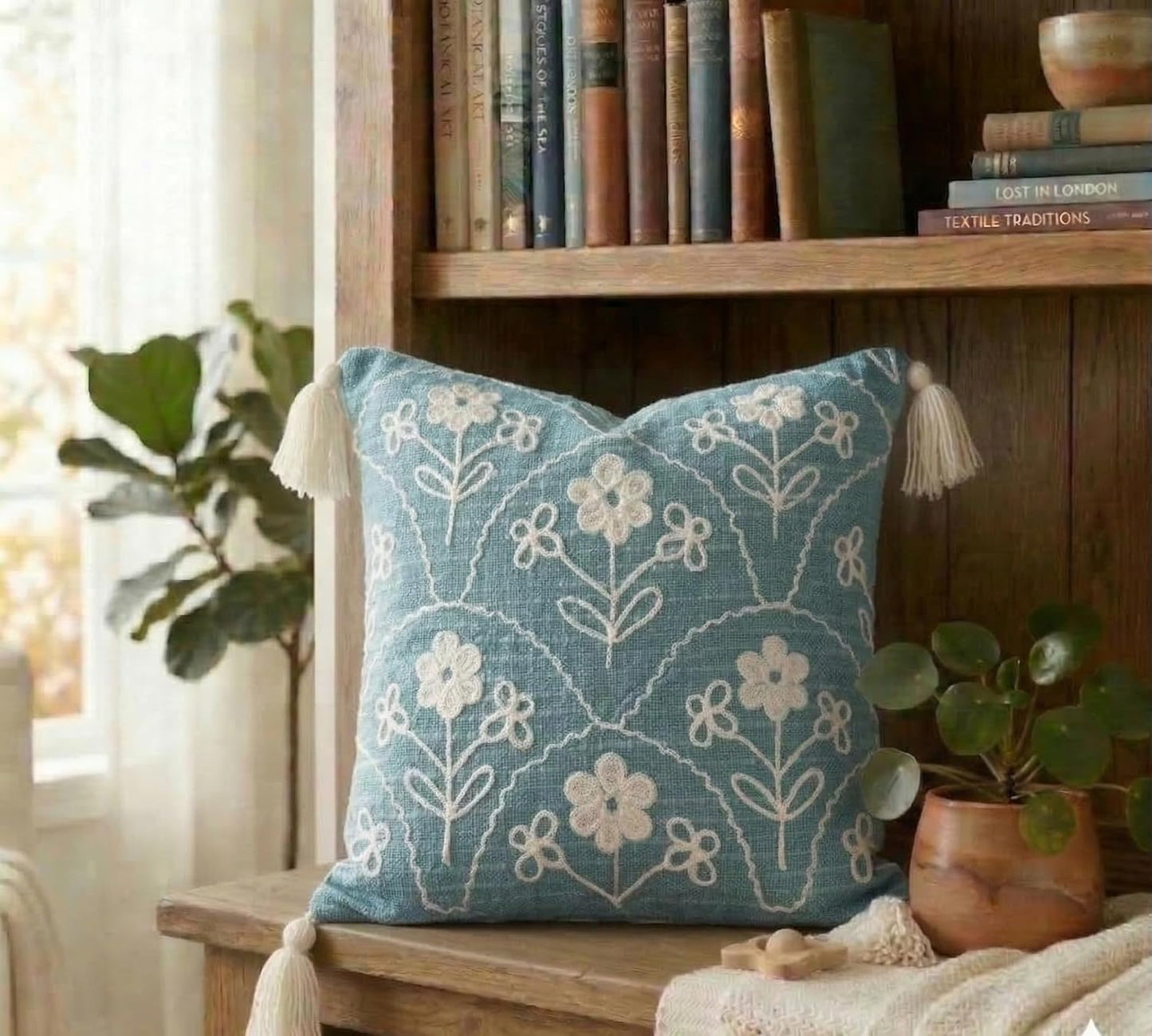 Boho Embroidered Cushion Cover – Decorative Pillow Case – Slub Cotton, Tasseled – 16x16 Inch (40x40 cm)
