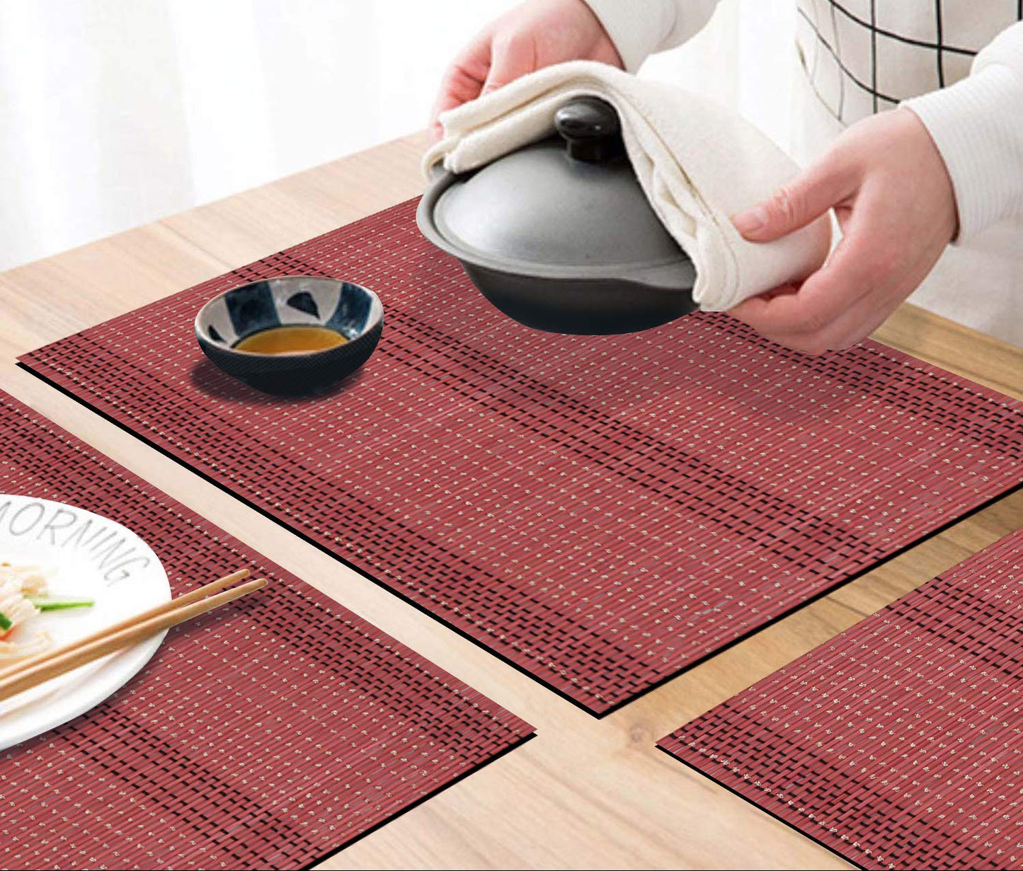 Natural Modern Heat Resistant Bamboo Placemats Set of 6, 45x30 cm | Easy Clean Dining Table Mats, Kitchen & Home Decor