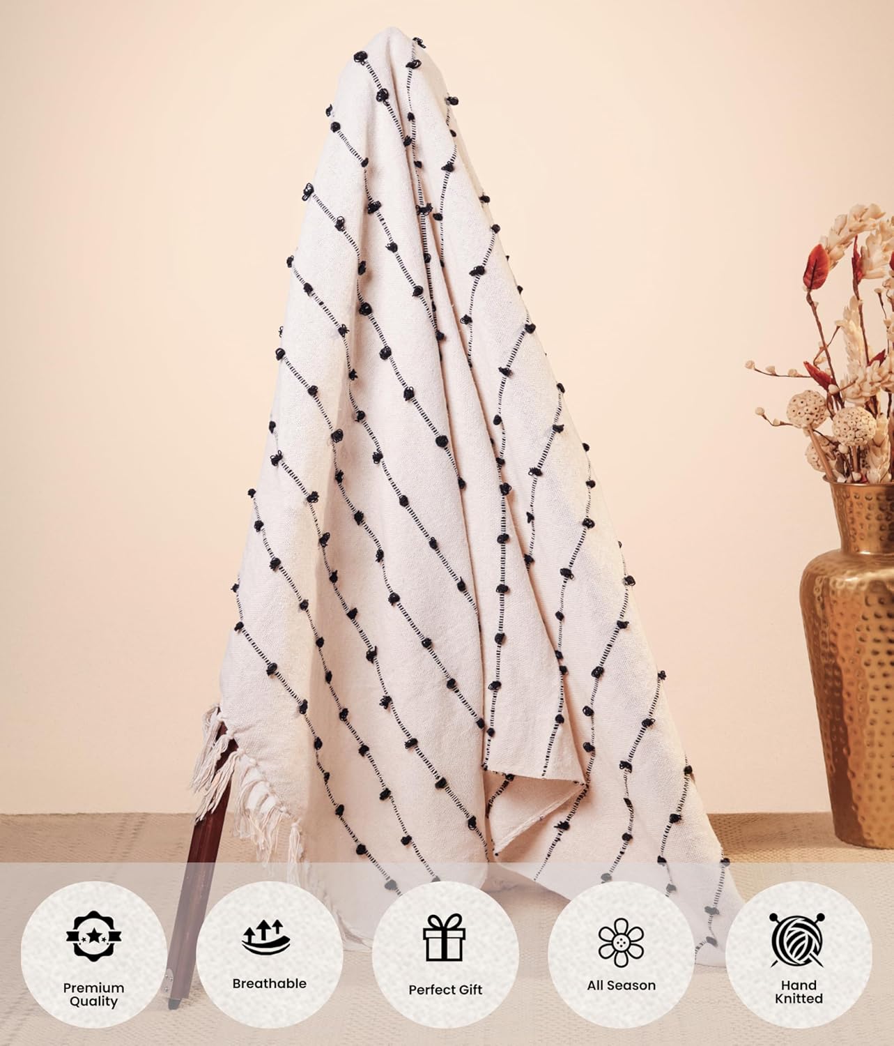 Hand-Knitted Cotton Sofa Throw – All-Season Throw Blanket – Beige & Black with Tassels – 80x52 Inches (204x132 cm)