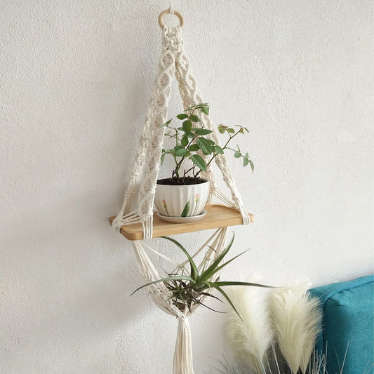 Floating Wall Shelf – Hand-Knotted Cotton & Wood – 12x5in Plank