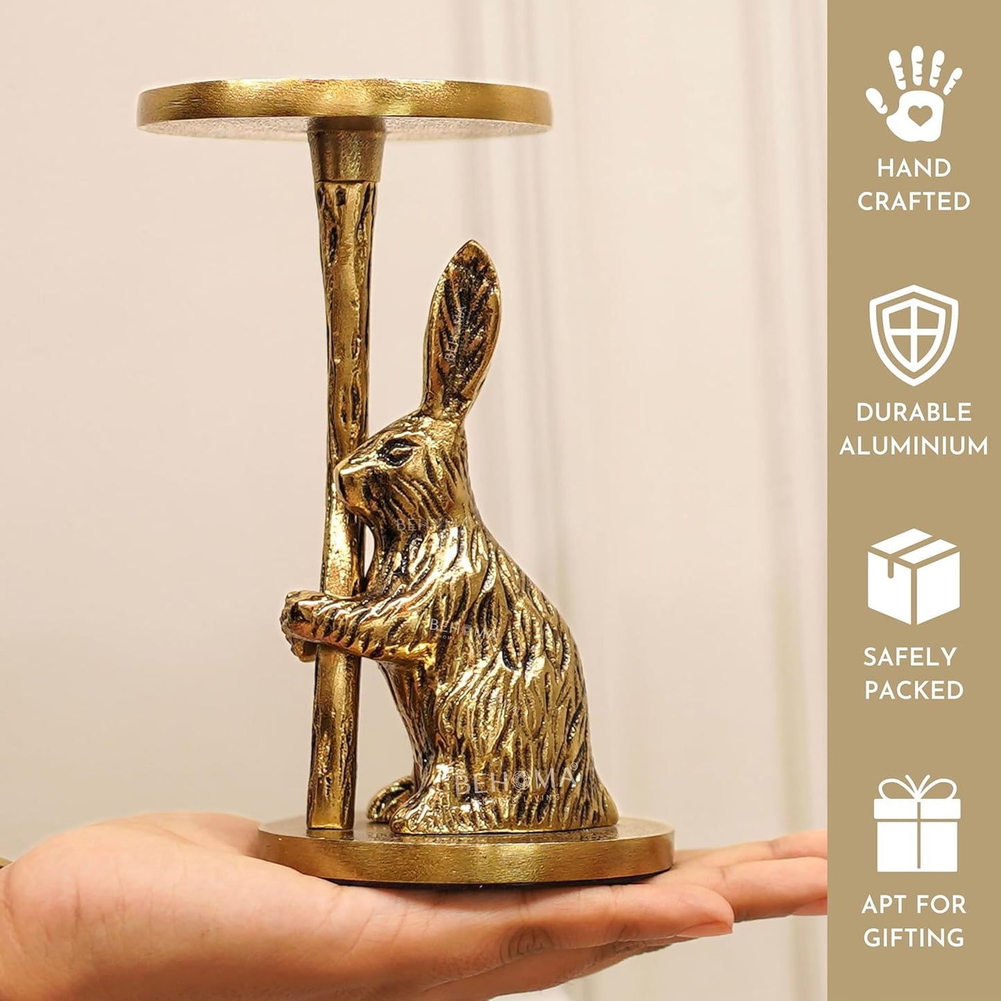 Artistic Gold Aluminium Rabbit Pillar Candle Holder Statue Tabletop | Home Decor, Christmas, Wedding Gift