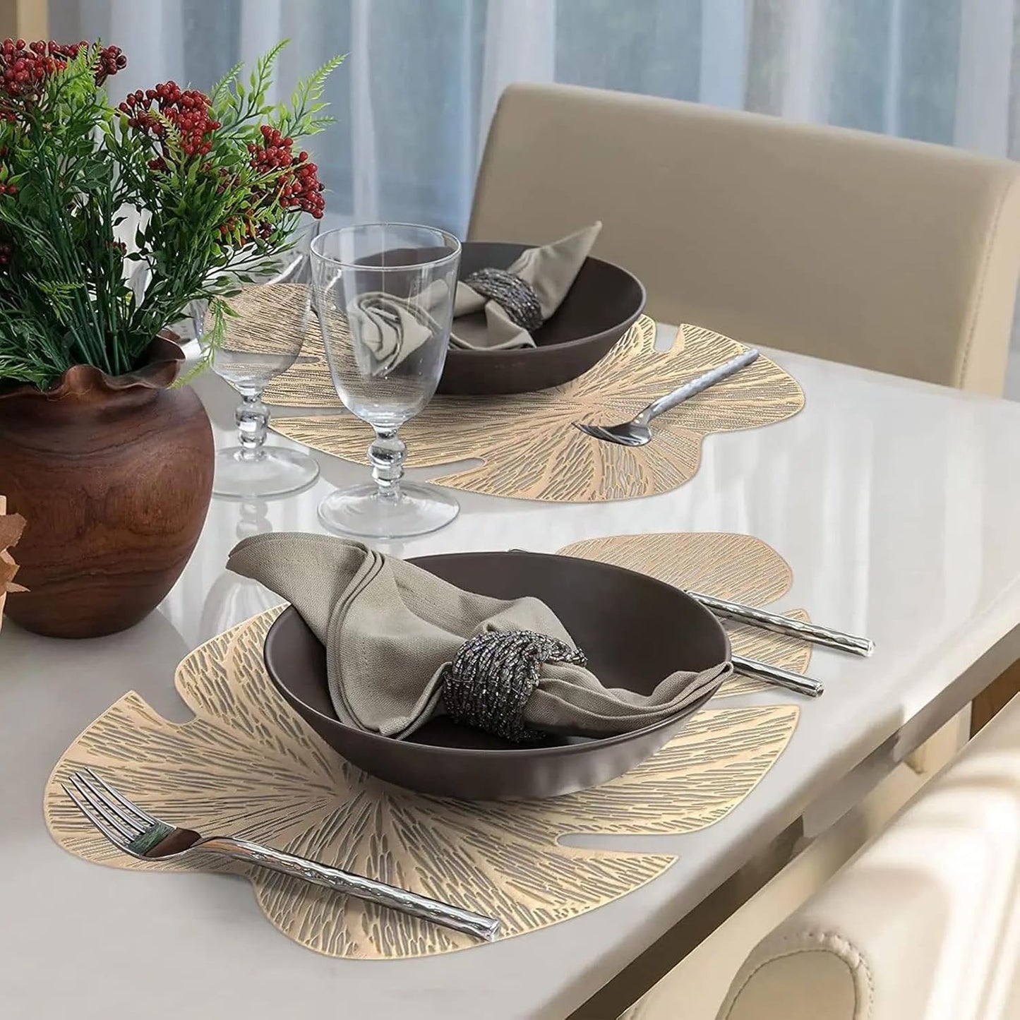 Stylish Leaf Non-Slip Heat Resistant Placemats Pack of 6 (45x36 cm) | Wipeable PVC Golden Dining Table Mats