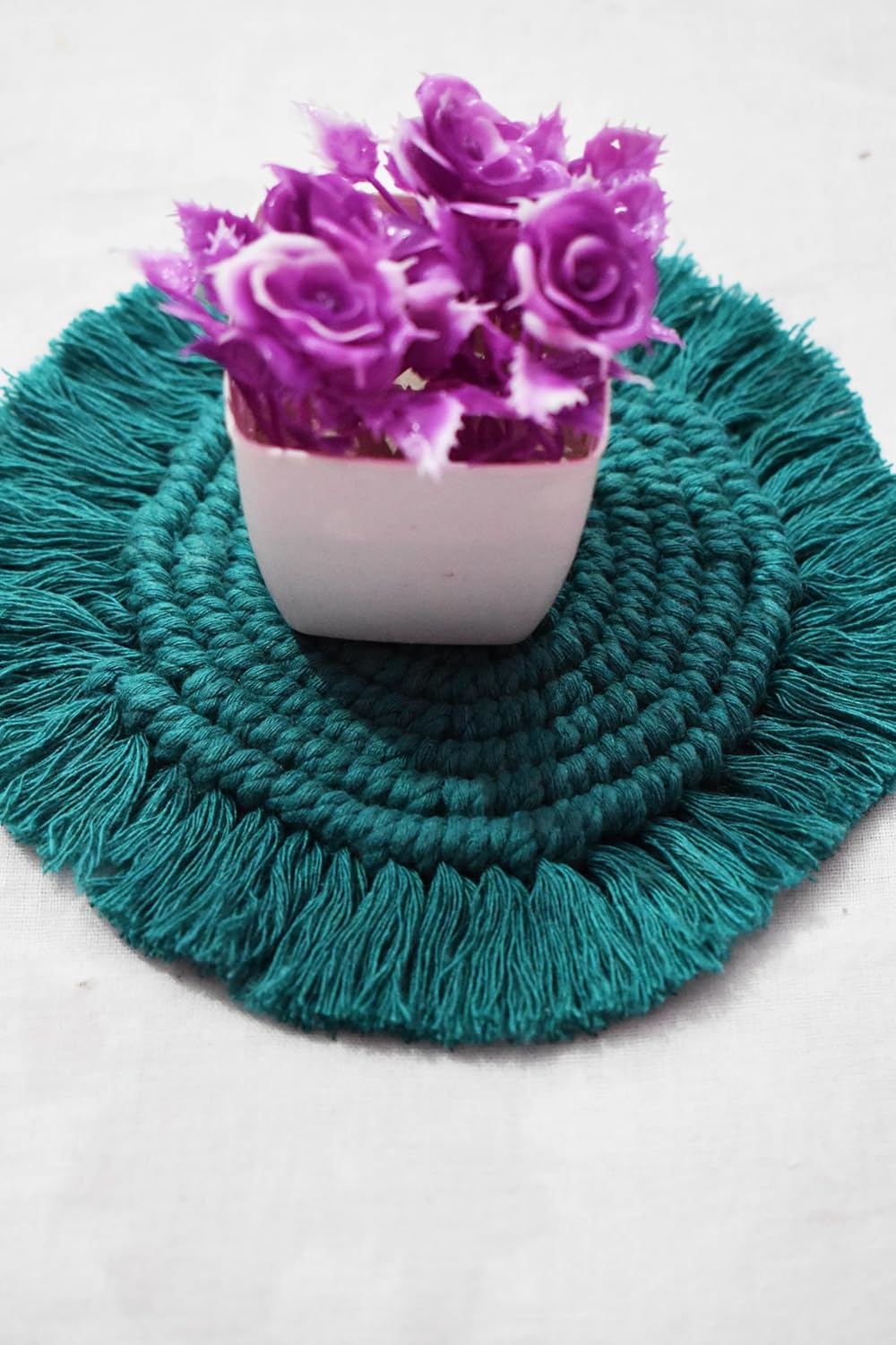 Forest Green Macrame Handwoven Cotton Coaster Set – 6" Diameter, 2-Pack