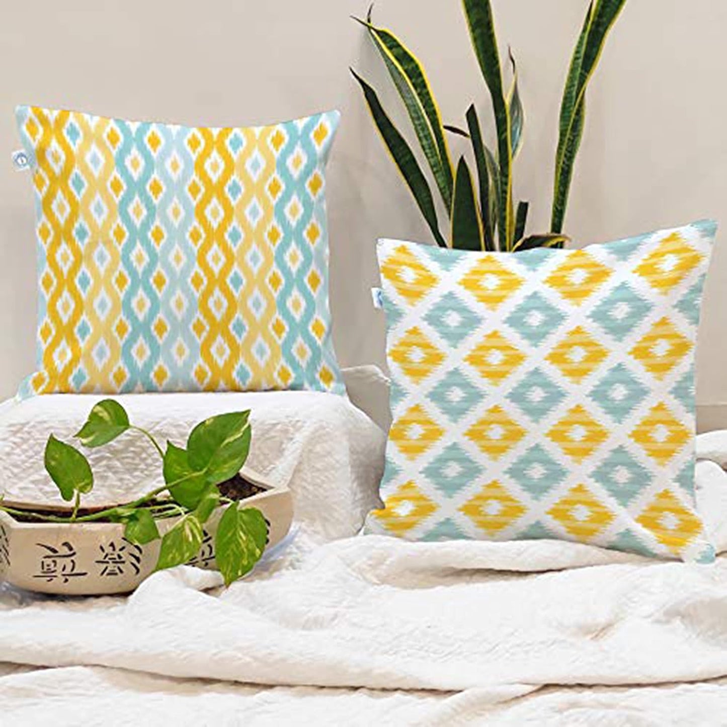 Vibrant Yellow Aqua Ikat Geometric Polycotton Cushion Covers Set of 5 (16x16) | Sofa Couch Living Room Decor