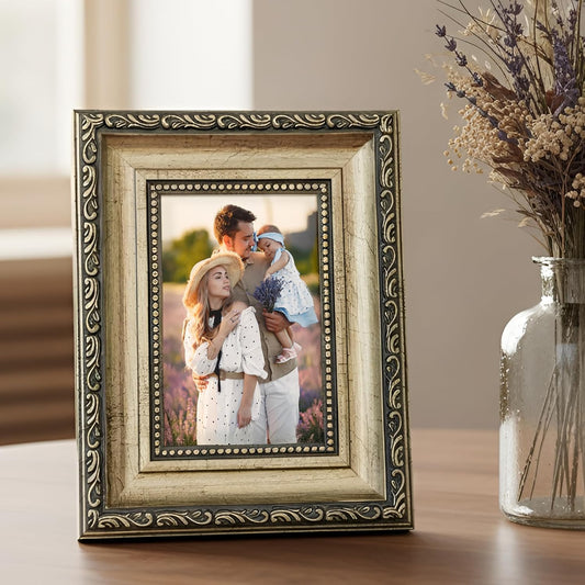 Elegant Vintage Table Photo Frame – Wood, Gold Finish, Back Stand – 4x6 Inch