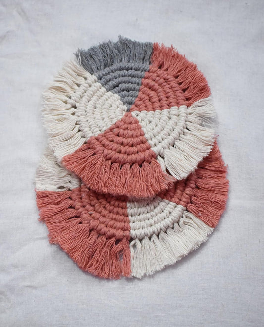 Beige Rust Macrame Handwoven Cotton Coaster Set – 6" Diameter, 2-Pack
