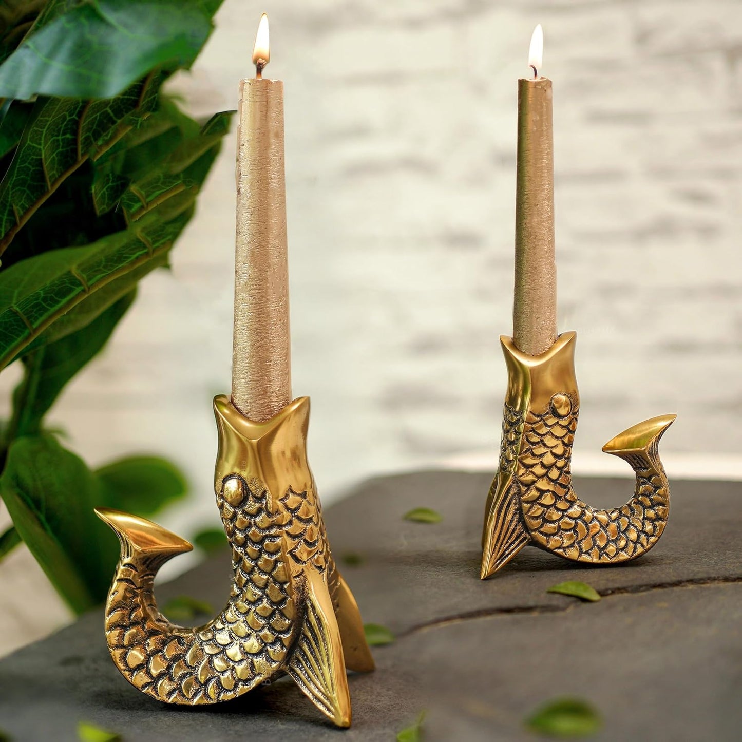 Elegant Antique Gold Fish Figurine Taper Candle Holder Set of 2 | Home Decor Tabletop Living Room Showpiece Gift
