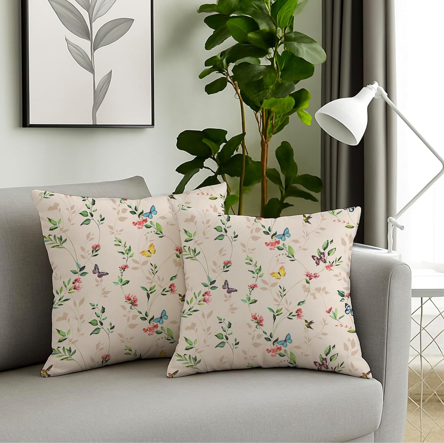 Butterfly Garden Decorative Soft Organic Cotton Cushion Covers 16x16 Inch Set of 2 | Hand Block Printed for Sofa, Bed, Home Decor, Gift