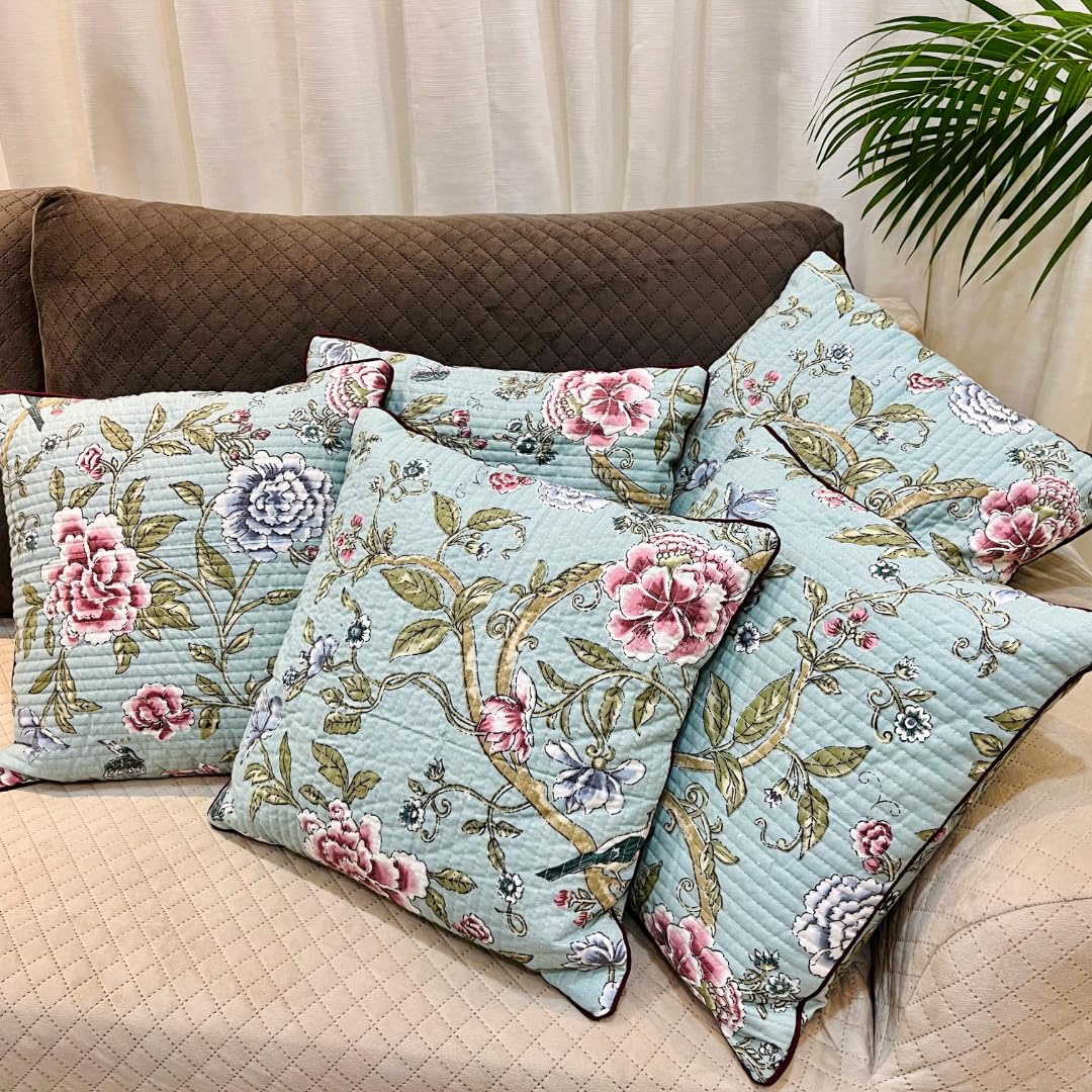 Decorative Floral Ethnic Pure Cotton Hand Block Printed Cushion Cover 16x16 inch, Set of 2 | Sofa Bed Chair Home Decor Gift