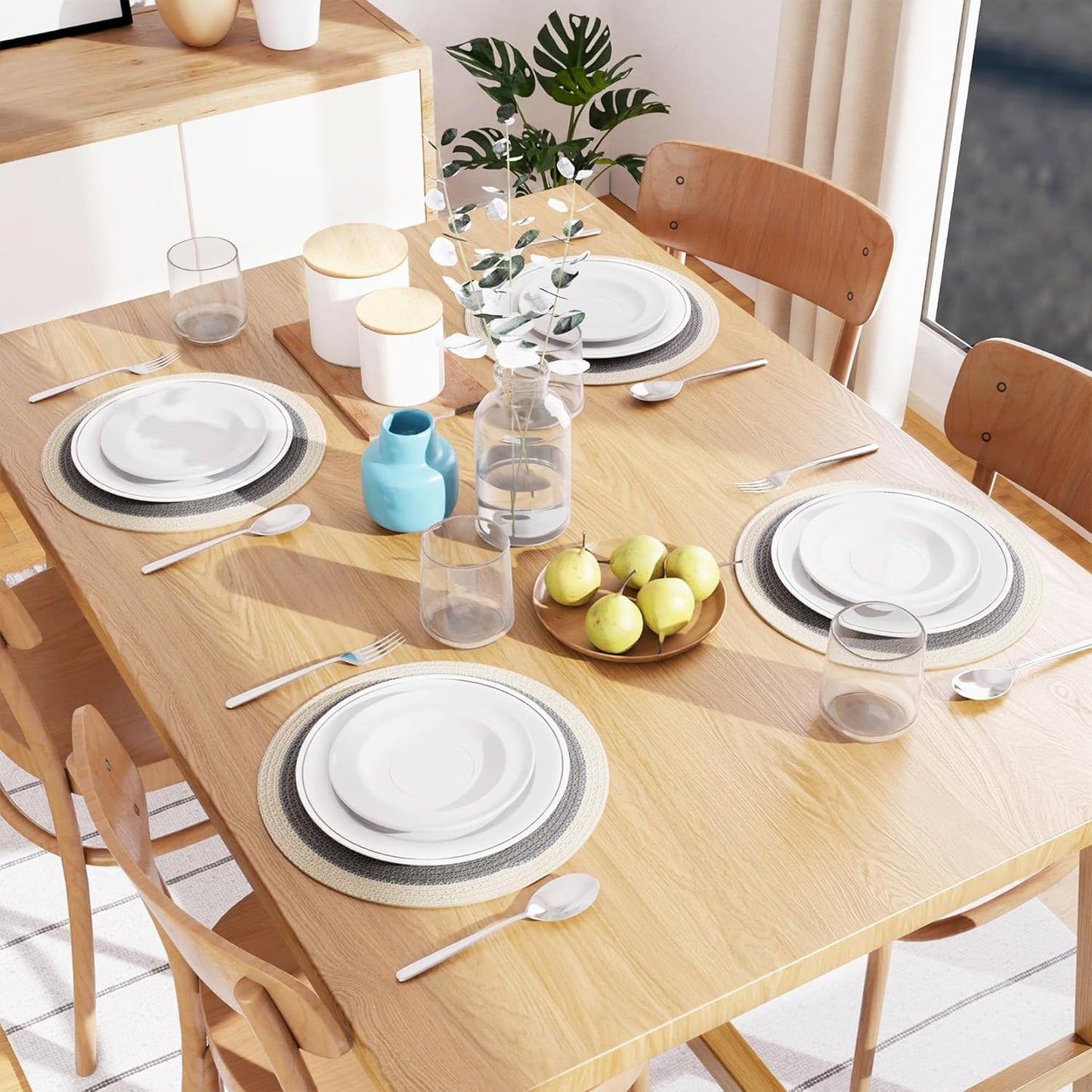 Handmade Ribbed Cotton Round Table Mats Set of 4 | Heat-Resistant, Washable Dining Placemats 32cm, Light Grey