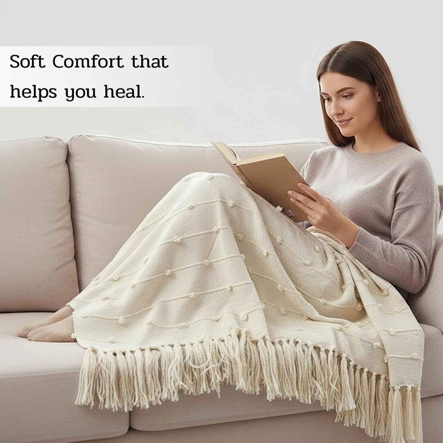 Hand-Knitted Cotton Sofa Throw – All-Season Blanket – Beige with Tassels – 80x52 Inches (Pack of 1)