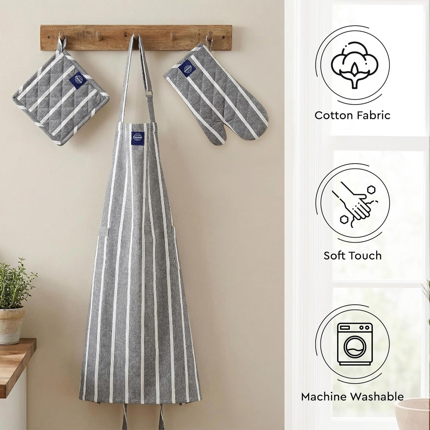 Ensemble de tabliers de cuisine – Ensemble de 3 pièces en lin culinaire – 100 % coton, résistant à la chaleur – Rayures grises Roma