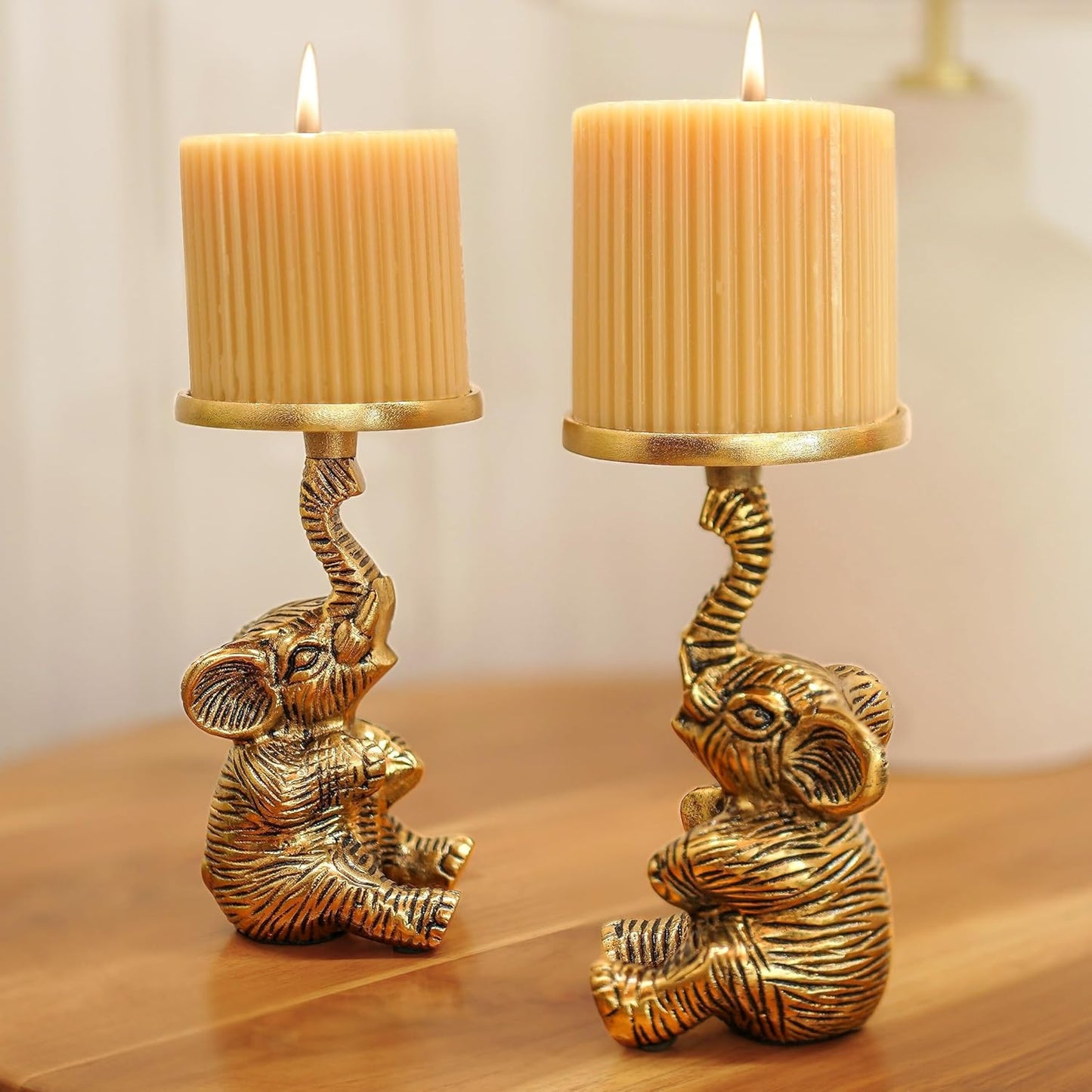 Elegant Gold Handcrafted Elephant Pillar Candle Holder Statue Set of 2 | Home Decor, Wedding, Christmas Gift, Tabletop Showpiece
