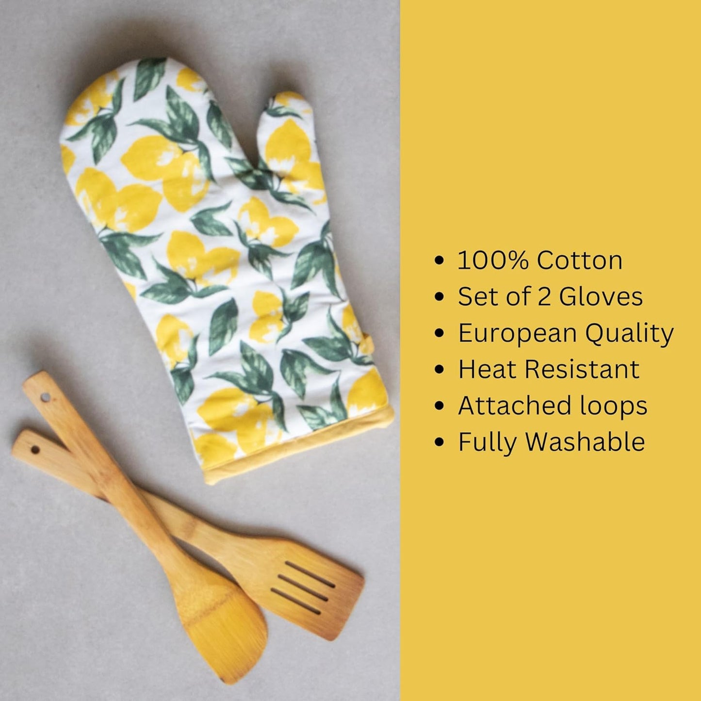 Ensemble tablier, mitaines et maniques à motif citron – 100 % coton – Qualité européenne – 3 pièces