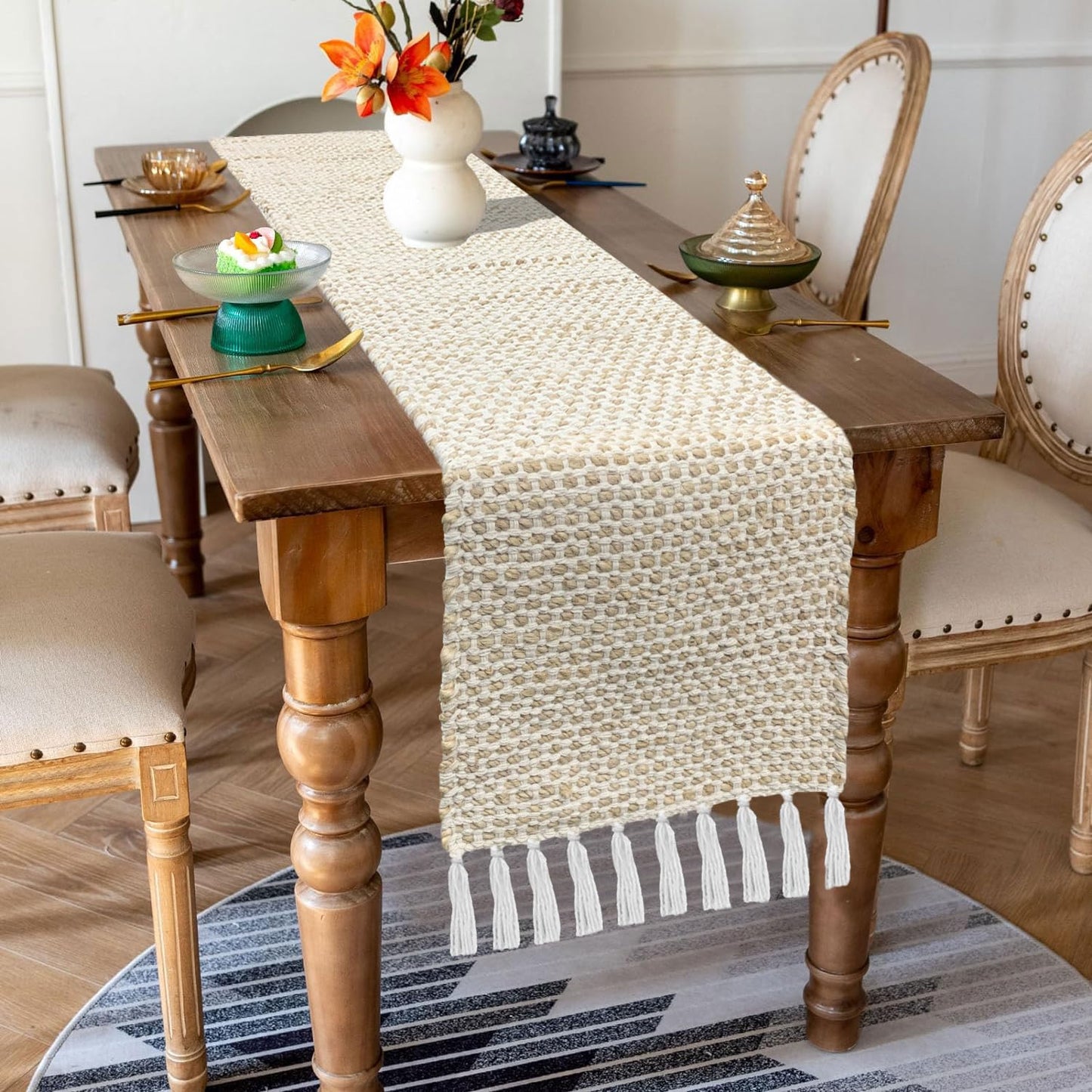 Elegant Beige White Woven Table Runner with Tassels, Cotton Jute 13x74 Inch | Dining Table Decor, Home Kitchen