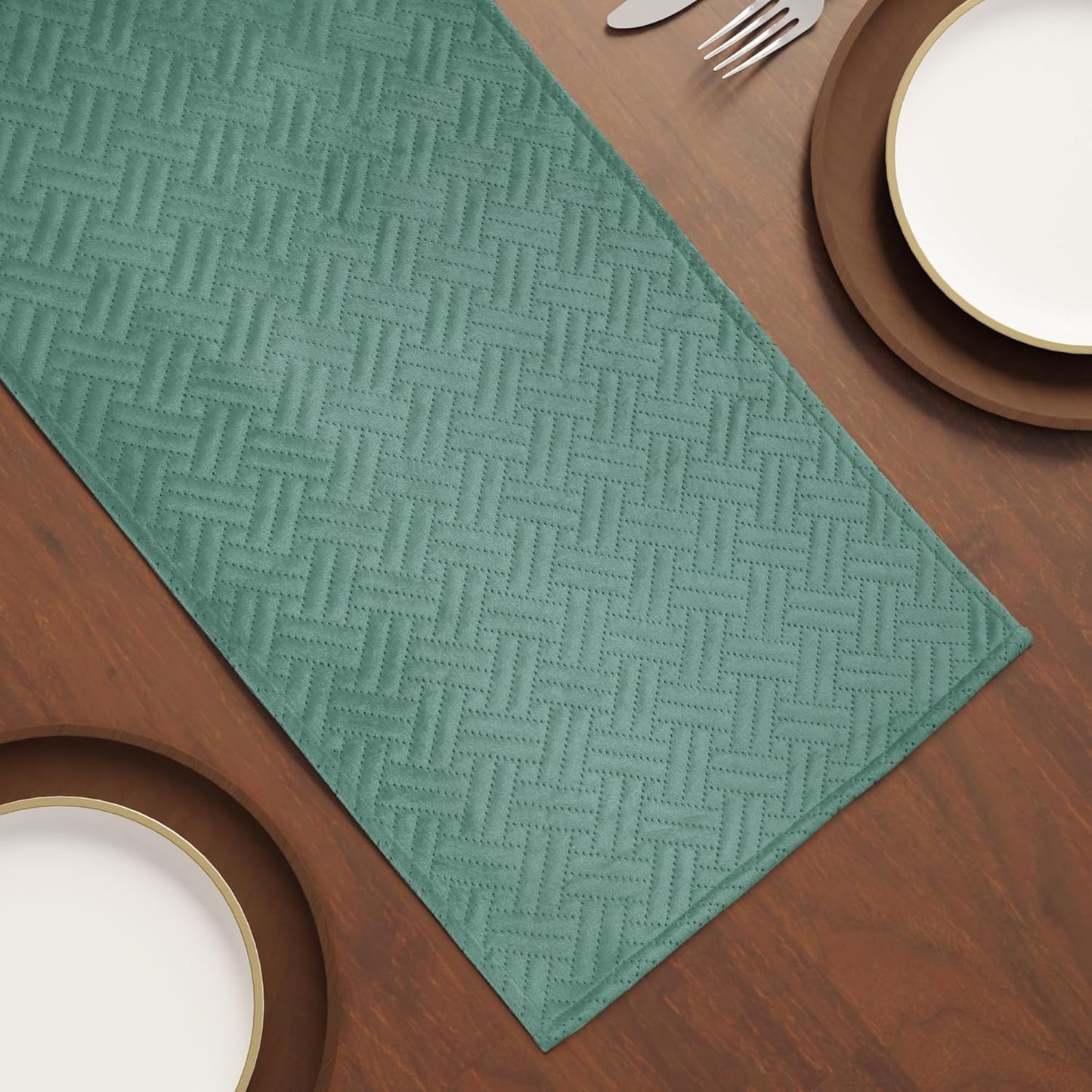 Aqua Quilted Velvet Dining Table Runner 32x150 cm | Machine Washable, Home Decor, Kitchen Linen