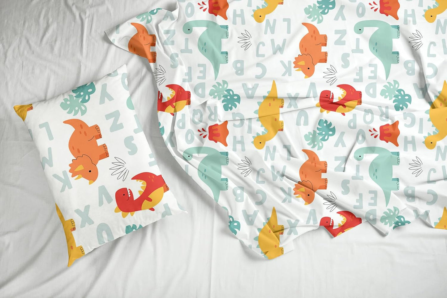 Single Bed Sheet Set - 100% Cotton 144TC - Kids' Alphabet Dino Print