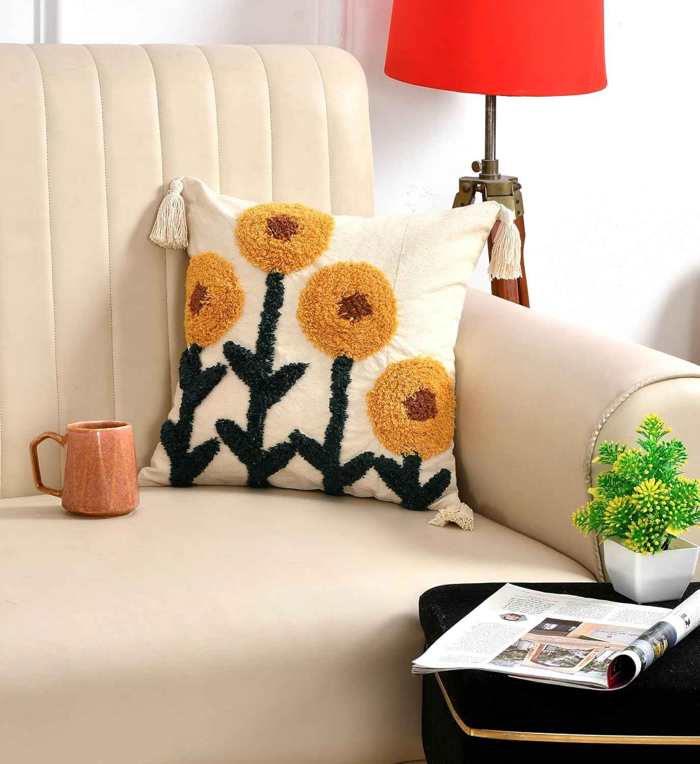 Boho Tufted Cotton Cushion Cover 16x16 inch Pack of 1 | Decorative Sofa Bed Pillow Case Living Room Multicolor