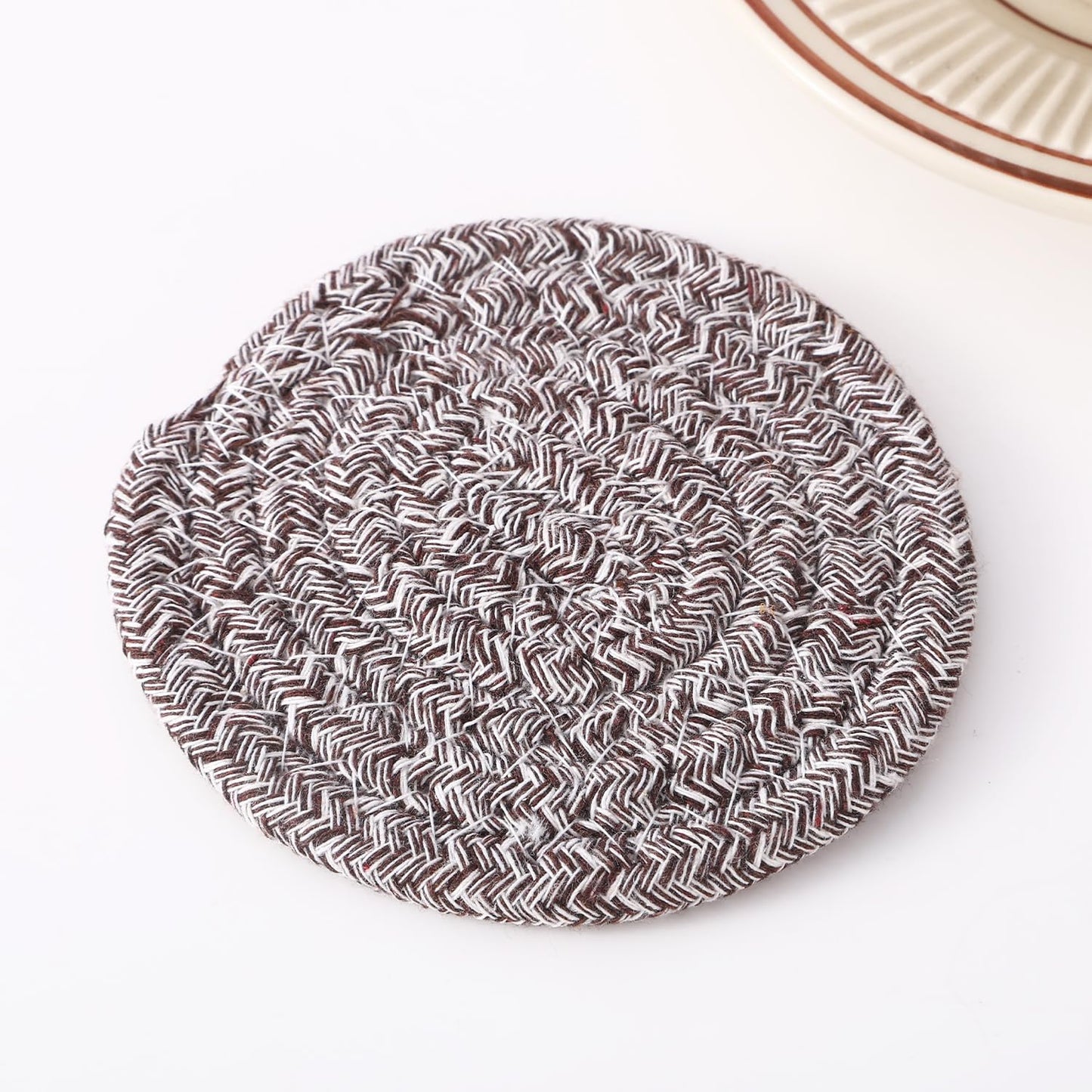 Minimalist Woven Absorbent Cotton Drink Coasters with Holder Set of 6, 4-inch | Home Décor, Tabletop, Bar, Kitchen, Gifts