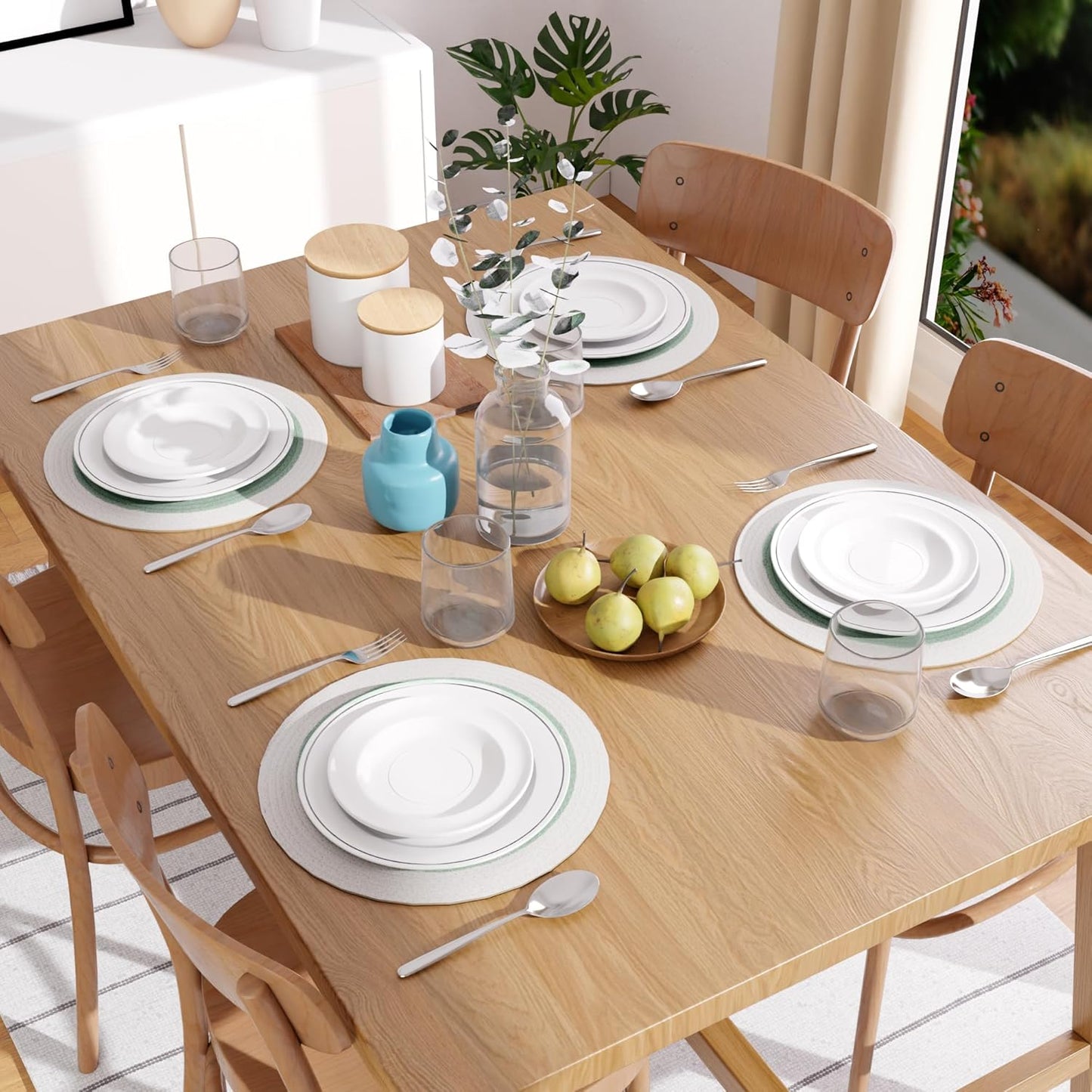 Sage & Off White Handmade Ribbed Cotton Round Table Mats Set of 4 | Heat-Resistant, Non-Slip, Washable Dining Placemats