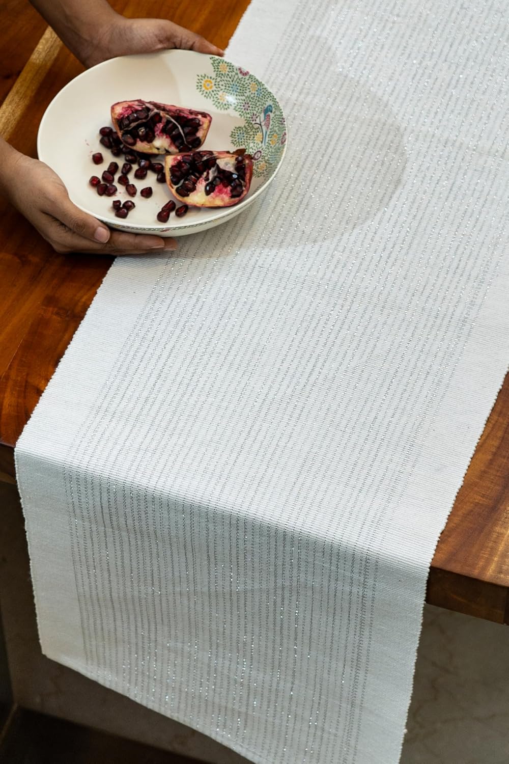 Thick Ribbed Cotton Weave Dining Table Runner, White-Silver Glitter, 63x14 inch (4-6 Seater) | Festive Kitchen Decor