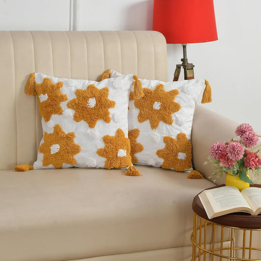 Boho Tufted Cushion Cover 16x16 inch Pack of 2 | Decorative Throw Pillow Covers for Bed Sofa Living Room