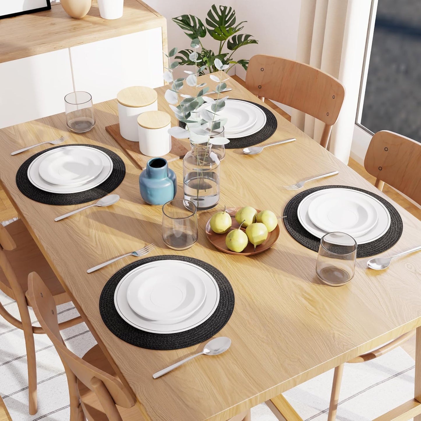 Handmade Ribbed Cotton Round Table Mats Set of 4 | Heat-Resistant, Washable Dining Placemats, 32cm Black