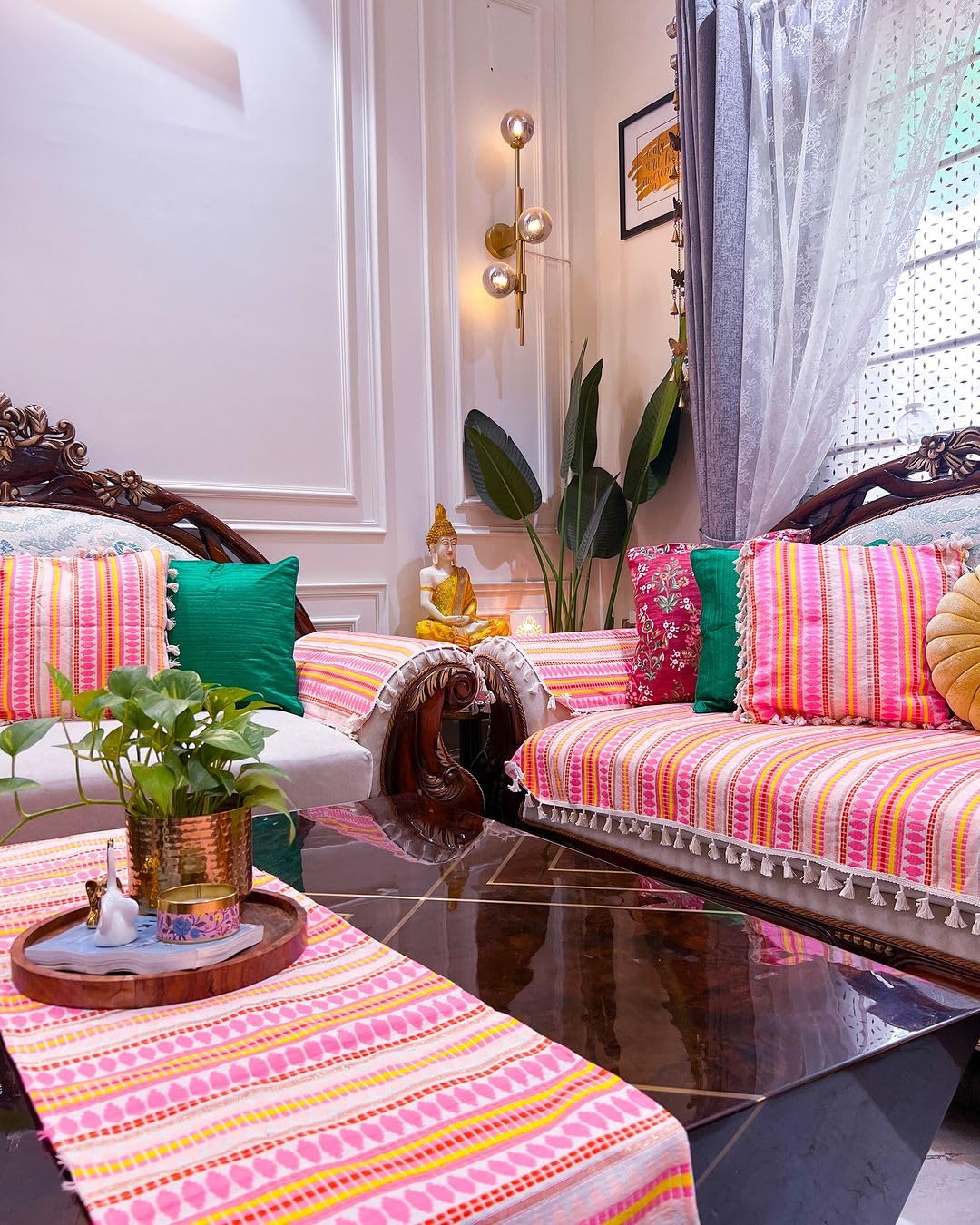 Geometric Pink Woven Cushion Covers with Tassels - 12x18 Inch Set of 2 | Decorative Throw Pillowcases for Sofa, Bed, Home Décor