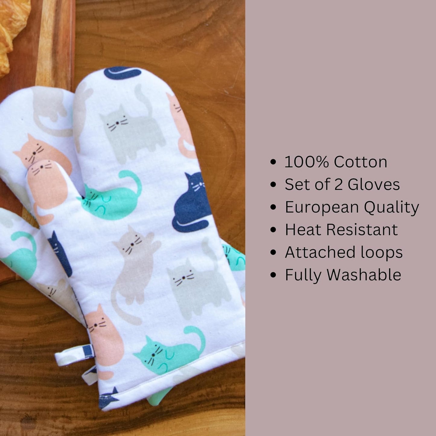 Ensemble de linge de cuisine à motif chat – 100 % coton, lavable en machine – Tablier, maniques, dessous de plat, 3 pièces