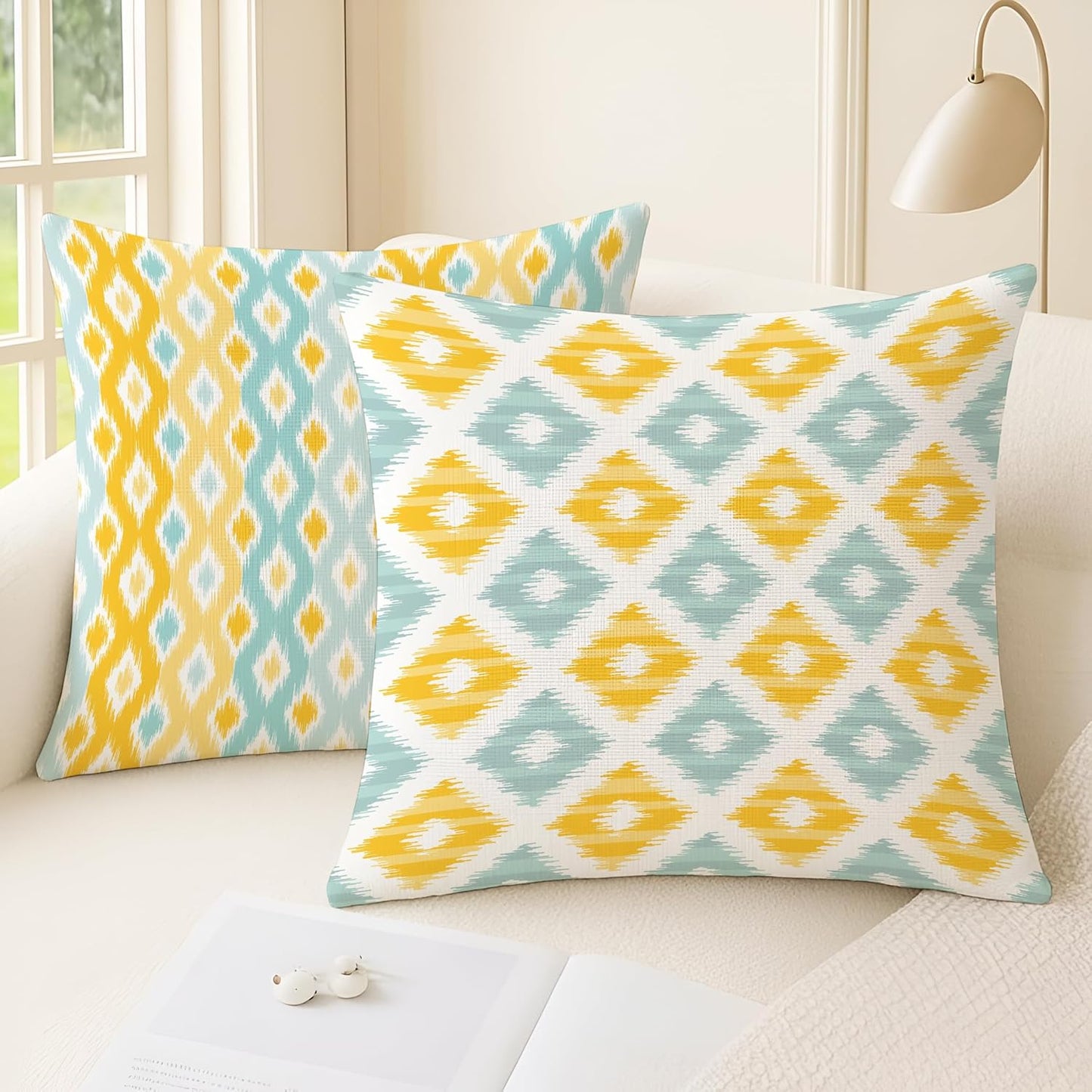 Vibrant Yellow Aqua Ikat Geometric Polycotton Cushion Covers Set of 5 (16x16) | Sofa Couch Living Room Decor