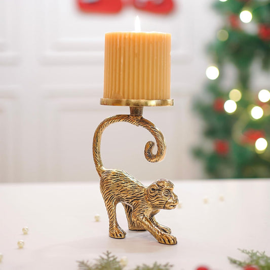 Artistic Metal Monkey Pillar Candle Holder Stand for Home Decor | Tabletop Showpiece, Gifting, Gold Finish
