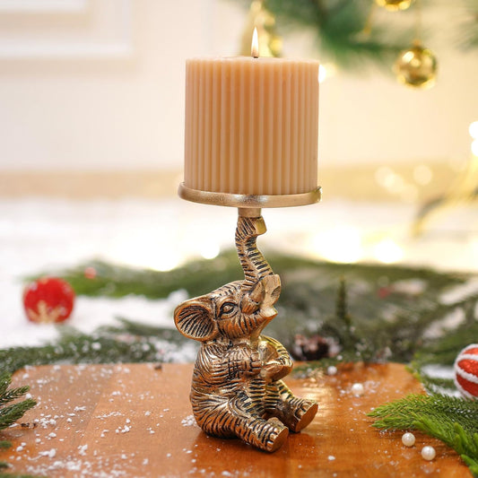 Artistic Gold Elephant Pillar Candle Holder Statue 8x8x15cm | Home Decor, Tabletop Showpiece, Wedding Gift