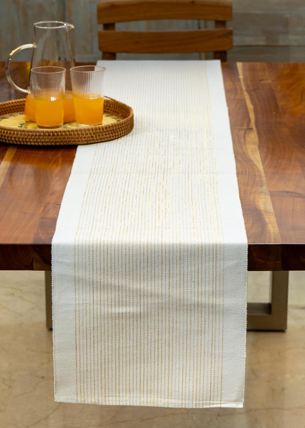 White-Gold Ribbed Glitter Thick Protective Dining Table Runner 63x14 inch, 4-6 Seater | Kitchen Linen, Party Decor