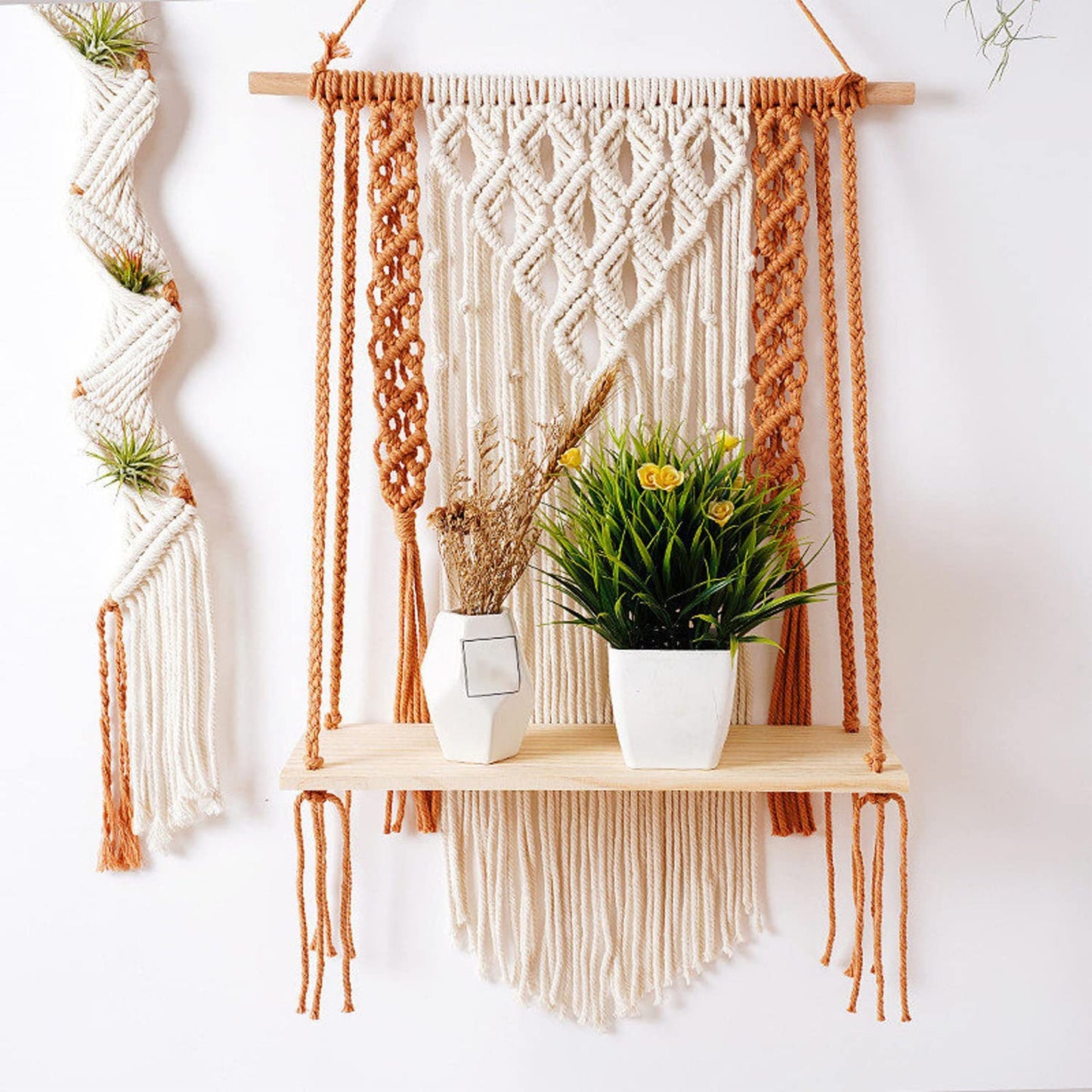 Macrame Wall Display Shelf – Cotton Rope & Wood – 12x5x24CM