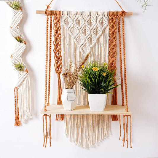 Macrame Wall Display Shelf – Cotton Rope & Wood – 12x5x24CM