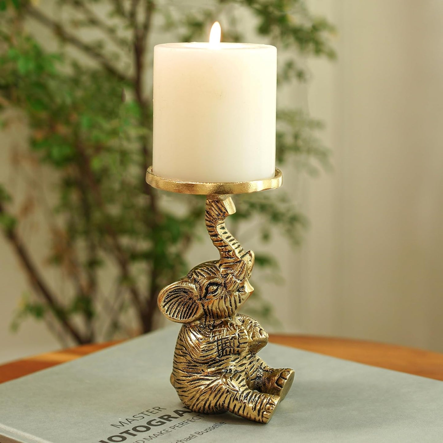 Artistic Gold Elephant Pillar Candle Holder Statue 8x8x15cm | Home Decor, Tabletop Showpiece, Wedding Gift
