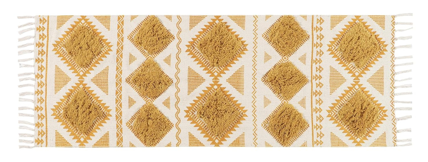 Hand Woven Tufted Cotton Rug Runner 2x5 ft (White/Yellow) | Modern Designer Carpet for Bedroom, Living Room Decor