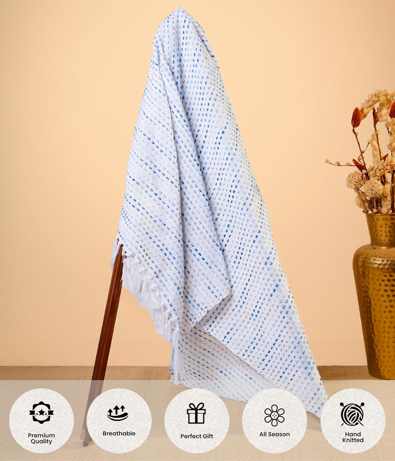 Handgebreide katoenen plaid – Geschikt voor alle seizoenen – Blauw met meerdere kwastjes – 203x132 cm