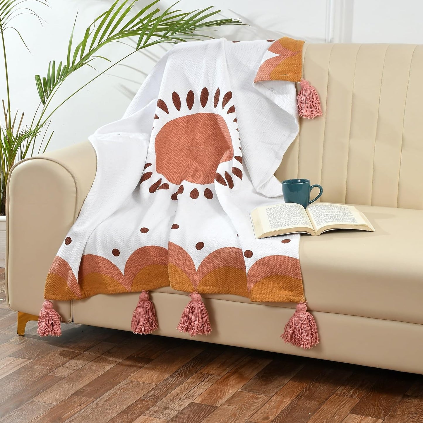 Gedrukte katoenen plaid – Woondecoratie-accent – Naturel Oranje – 100x125 cm