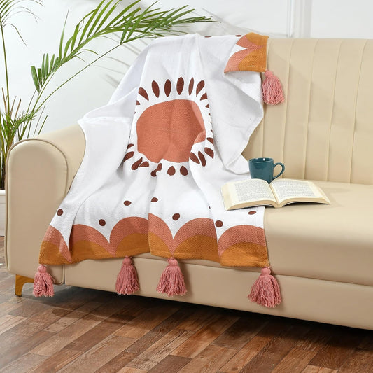 Printed Cotton Throw – Home Decor Accent – Natural Orange – 100x125 cm